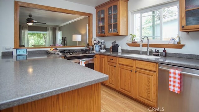 412 N Mallagh St, Nipomo, CA 93444 - kitchen featuring appliances with stainless steel finishes, ceiling fan, crown molding, glass insert cabinets, and brown cabinets