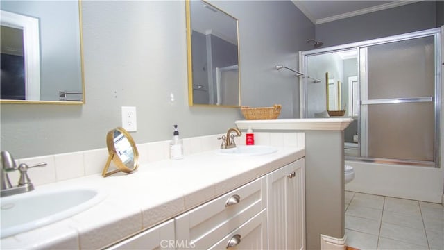 412 N Mallagh St, Nipomo, CA 93444 - full bath with double vanity, combined bath / shower with glass door, crown molding, and tile patterned floors