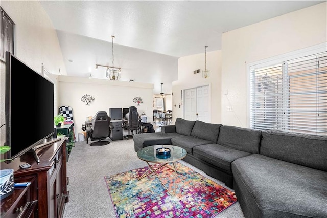 3038 Kaylyn St, Lancaster, CA 93535 - living room featuring carpet, a chandelier, and vaulted ceiling