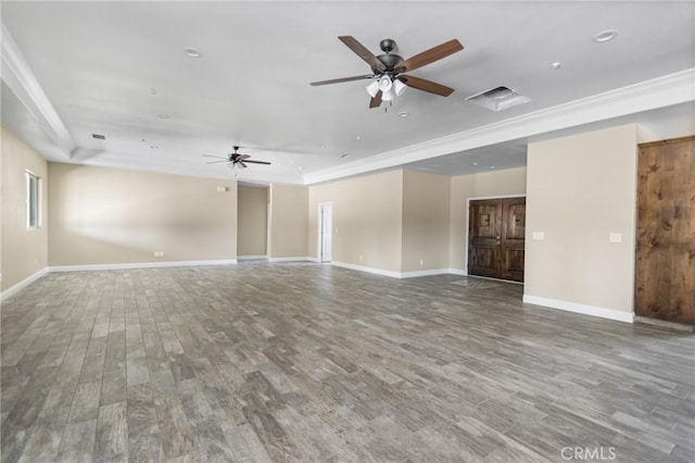1021 Prince William Ct, Atwater, CA 95301 - unfurnished living room featuring wood finished floors, a ceiling fan, and crown molding