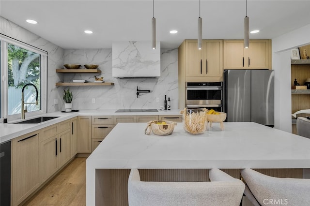 25302 Posada Ln, Mission Viejo, CA 92691 - kitchen with black appliances, light brown cabinetry, backsplash, open shelves, and light wood-style flooring