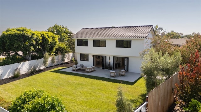25302 Posada Ln, Mission Viejo, CA 92691 - rear view of house featuring an outdoor hangout area, stucco siding, a fenced backyard, and a patio area