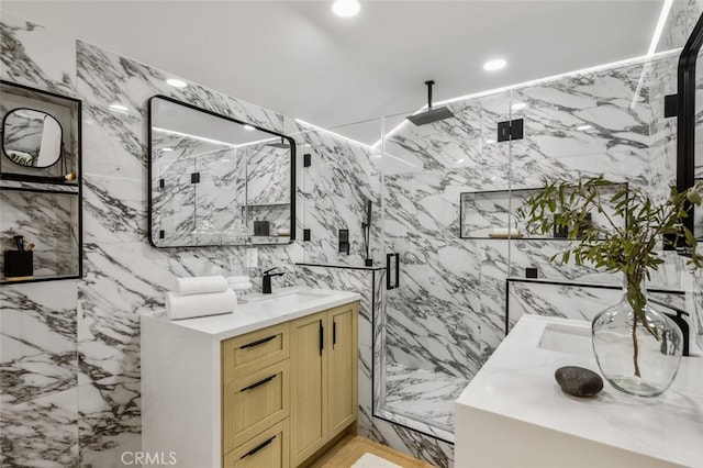 25302 Posada Ln, Mission Viejo, CA 92691 - full bathroom with tile walls, a marble finish shower, vanity, and recessed lighting