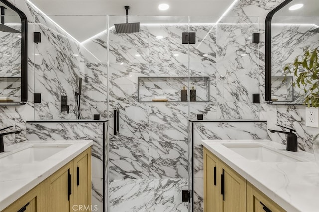 25302 Posada Ln, Mission Viejo, CA 92691 - bathroom with tile walls, vanity, and a marble finish shower