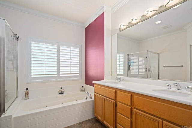 5191 Cobalt Way, Oceanside, CA 92057 - full bathroom featuring a shower stall, a whirlpool tub, double vanity, and crown molding