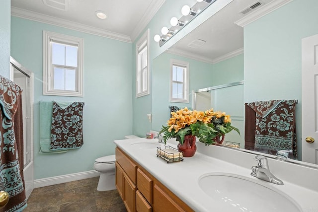 5191 Cobalt Way, Oceanside, CA 92057 - bathroom with healthy amount of natural light, double vanity, crown molding, shower / bath combination with glass door, and stone finish flooring