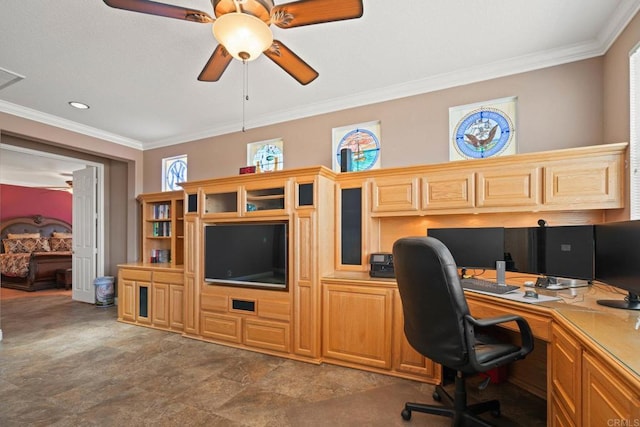 5191 Cobalt Way, Oceanside, CA 92057 - home office with a ceiling fan, ornamental molding, and plenty of natural light
