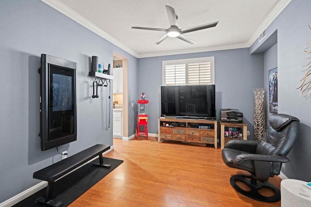 5191 Cobalt Way, Oceanside, CA 92057 - living room featuring ceiling fan, ornamental molding, and light wood-style flooring