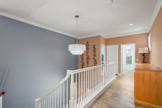 5191 Cobalt Way, Oceanside, CA 92057 - corridor featuring an upstairs landing, healthy amount of natural light, ornamental molding, recessed lighting, and a chandelier