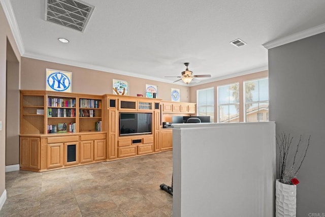 5191 Cobalt Way, Oceanside, CA 92057 - living area featuring crown molding, ceiling fan, recessed lighting, and light stone finish floors