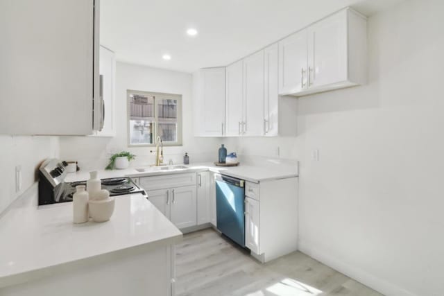 3535 Monroe Ave Unit 5, San Diego, CA 92116 - kitchen with dishwasher, stove, white cabinetry, recessed lighting, and light wood-type flooring
