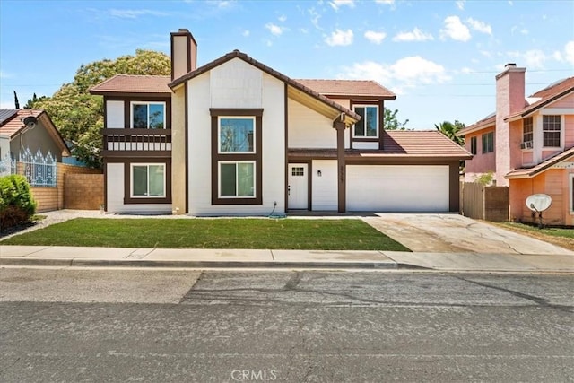 37727 Dixie Dr, Palmdale, CA 93550 - view of front of property with a garage, concrete driveway, a tiled roof, a chimney, and a balcony