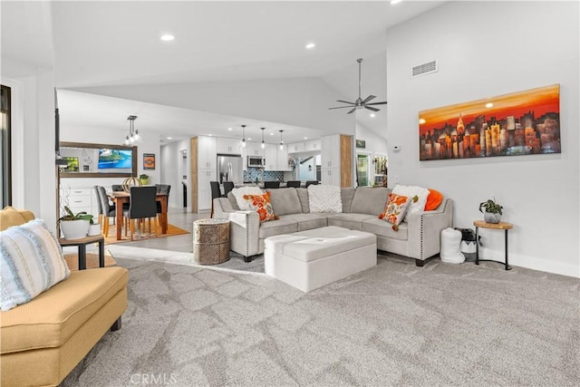 25891 Pinewood Ln, Laguna Hills, CA 92653 - living room featuring a ceiling fan, recessed lighting, high vaulted ceiling, and light carpet