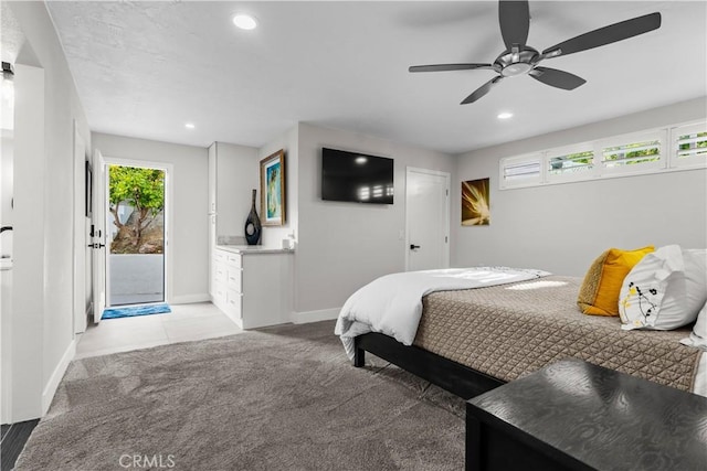 25891 Pinewood Ln, Laguna Hills, CA 92653 - bedroom featuring access to exterior, light carpet, recessed lighting, and a ceiling fan
