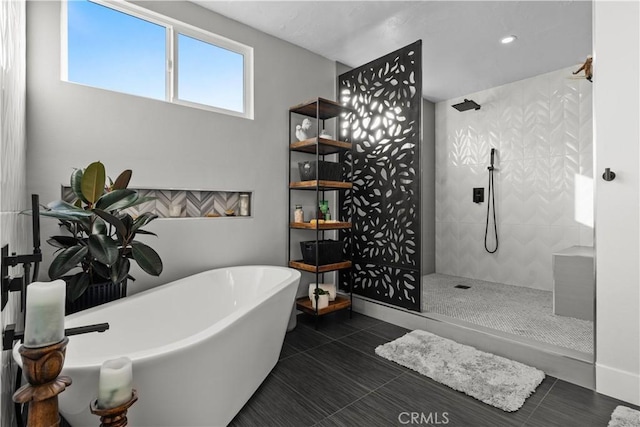 25891 Pinewood Ln, Laguna Hills, CA 92653 - full bath featuring a freestanding bath, a walk in shower, recessed lighting, and tile patterned flooring