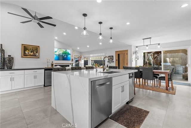 25891 Pinewood Ln, Laguna Hills, CA 92653 - kitchen featuring dishwasher, recessed lighting, white cabinets, pendant lighting, and open floor plan