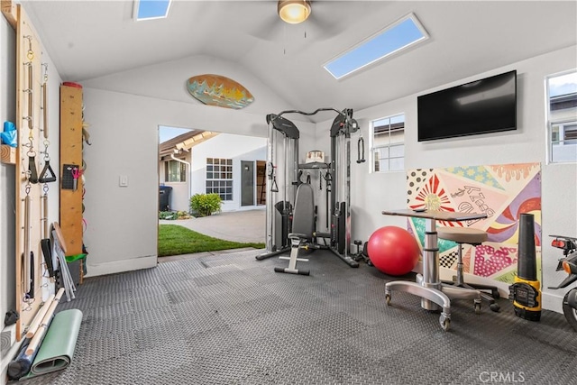 25891 Pinewood Ln, Laguna Hills, CA 92653 - workout area with vaulted ceiling, a ceiling fan, and carpet flooring