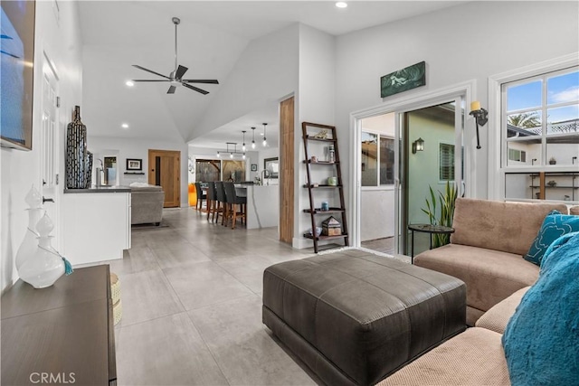 25891 Pinewood Ln, Laguna Hills, CA 92653 - living area featuring lofted ceiling, a ceiling fan, and recessed lighting