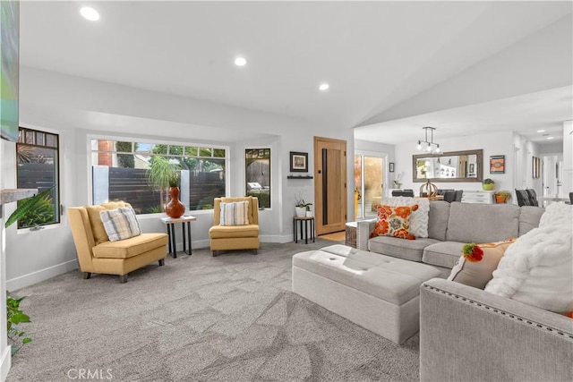 25891 Pinewood Ln, Laguna Hills, CA 92653 - living room with carpet flooring, vaulted ceiling, recessed lighting, and a chandelier