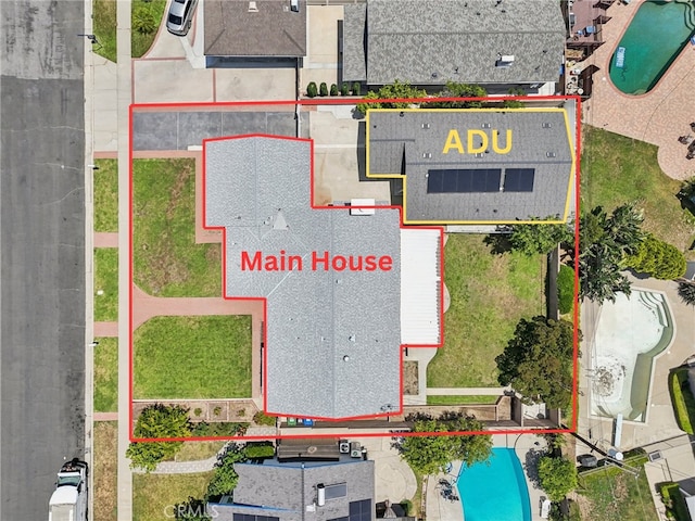 17148 Stare St, Northridge, CA 91325 - aerial overview of property's location with a pool area and property boundaries highlighted