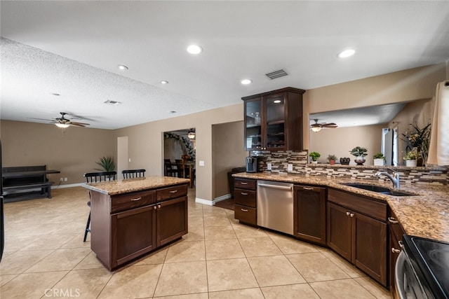 44112 Precise St, Lancaster, CA 93536 - kitchen with dishwasher, ceiling fan, electric stove, backsplash, and recessed lighting