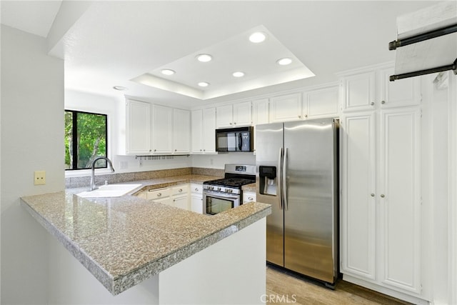 24571 Camden Ct, Laguna Niguel, CA 92677 - kitchen with stainless steel appliances, a tray ceiling, recessed lighting, a peninsula, and white cabinetry