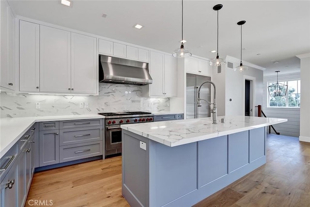 1100 Cypress Ave, Hermosa Beach, CA 90254 - kitchen with ventilation hood, high quality appliances, gray cabinetry, light wood-style floors, and backsplash