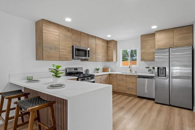 508 Village View Pl, Fallbrook, CA 92028 - kitchen with stainless steel appliances, a peninsula, light countertops, a breakfast bar area, and light wood-style floors