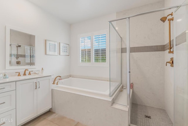 566 Purple Sage Ln, Simi Valley, CA 93065 - bathroom featuring tile patterned flooring, vanity, a shower stall, and a garden tub