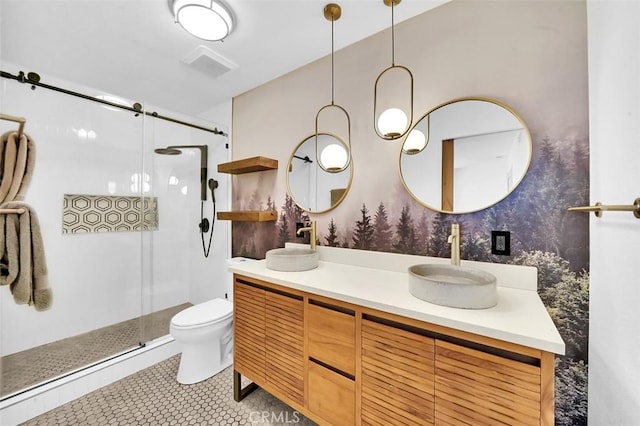 645 Springbrook, Irvine, CA 92614 - bathroom with double vanity, a shower stall, and tile patterned flooring