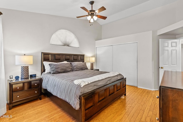 1306 Bluejay St, Fillmore, CA 93015 - bedroom featuring a closet, light wood-style floors, lofted ceiling, and a ceiling fan