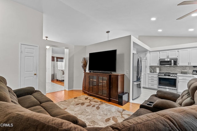 1306 Bluejay St, Fillmore, CA 93015 - living area with ceiling fan, light wood-type flooring, lofted ceiling, and recessed lighting