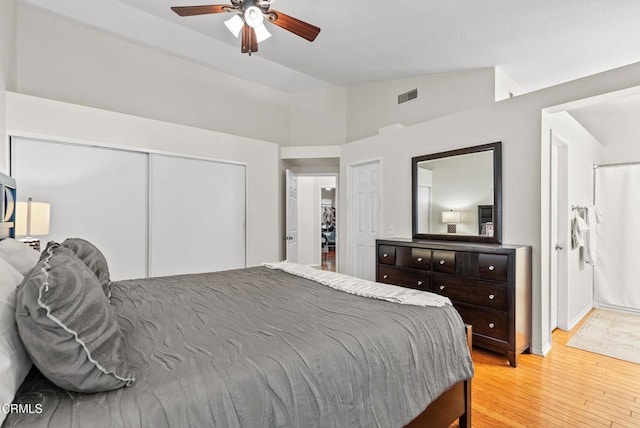 1306 Bluejay St, Fillmore, CA 93015 - bedroom featuring light wood finished floors, lofted ceiling, a closet, and a ceiling fan