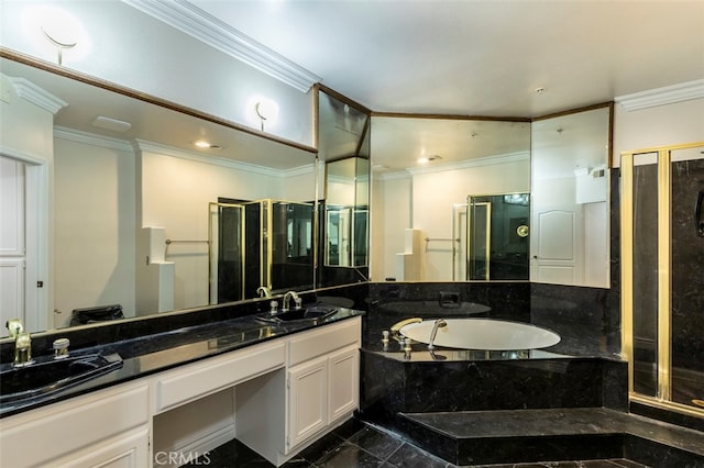 7218 Hillside Ave Unit 202, Los Angeles, CA 90046 - full bathroom with a bath, a shower stall, ornamental molding, double vanity, and marble finish flooring