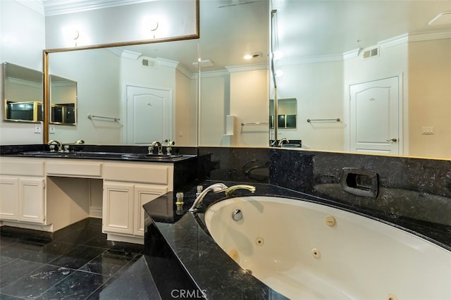 7218 Hillside Ave Unit 202, Los Angeles, CA 90046 - full bath featuring ornamental molding, a whirlpool tub, and double vanity