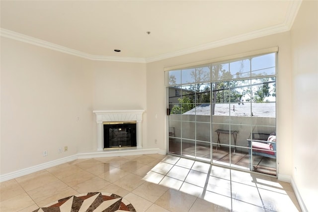 7218 Hillside Ave Unit 202, Los Angeles, CA 90046 - unfurnished living room with crown molding, tile patterned flooring, a high end fireplace, and inlaid floor details