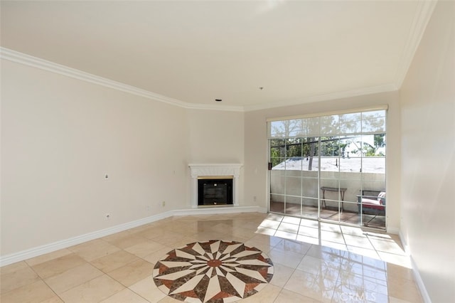 7218 Hillside Ave Unit 202, Los Angeles, CA 90046 - unfurnished living room featuring light tile patterned flooring, ornamental molding, and a glass covered fireplace