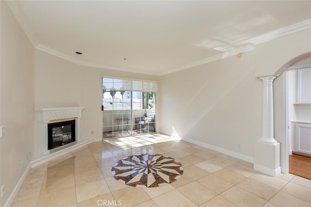 7218 Hillside Ave Unit 202, Los Angeles, CA 90046 - unfurnished living room featuring decorative columns, a premium fireplace, crown molding, light tile patterned flooring, and arched walkways