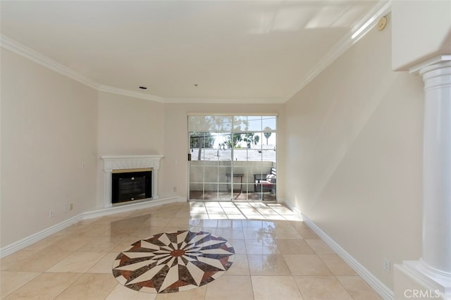 7218 Hillside Ave Unit 202, Los Angeles, CA 90046 - unfurnished living room with light tile patterned flooring, crown molding, a glass covered fireplace, and ornate columns
