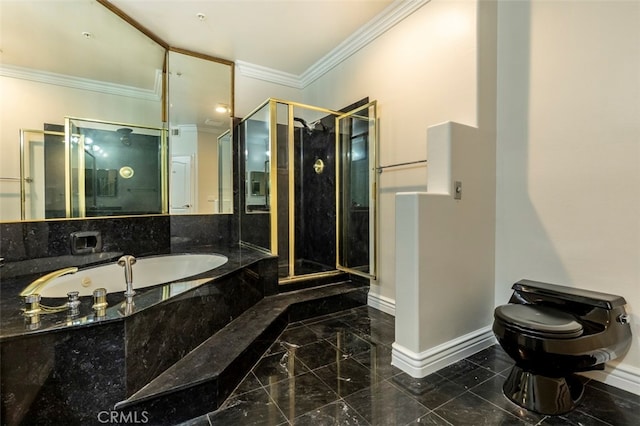 7218 Hillside Ave Unit 202, Los Angeles, CA 90046 - bathroom with marble tiled floors, a shower stall, a bath, and crown molding