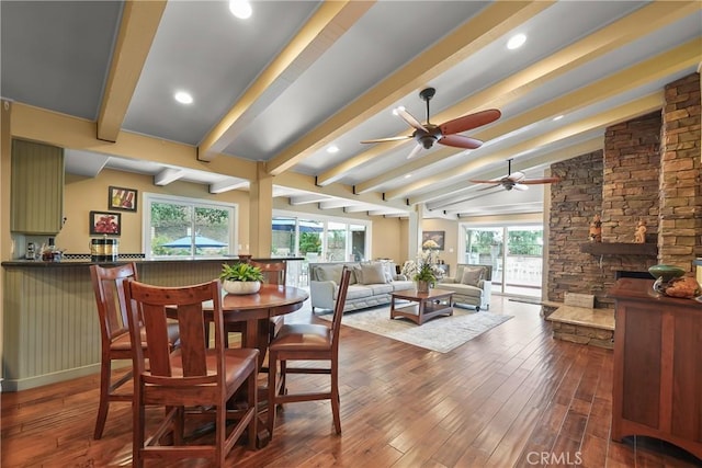 2082 Kaia Ln, Sierra Madre, CA 91024 - dining space featuring ceiling fan, hardwood / wood-style floors, a fireplace, and recessed lighting