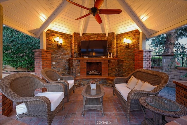 2082 Kaia Ln, Sierra Madre, CA 91024 - view of patio / terrace with a ceiling fan and an outdoor living space with a fireplace