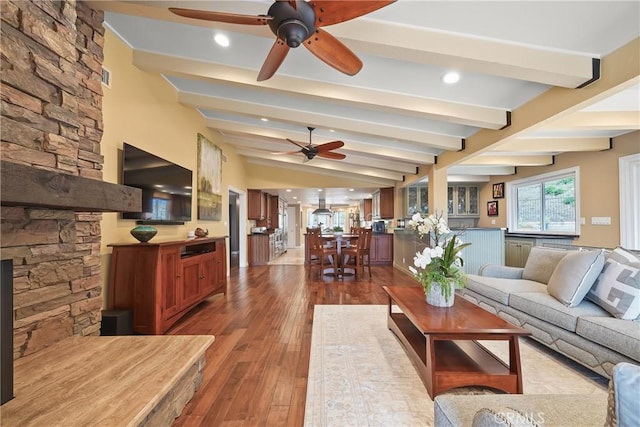 2082 Kaia Ln, Sierra Madre, CA 91024 - living room with a ceiling fan, beam ceiling, dark wood-style flooring, and recessed lighting