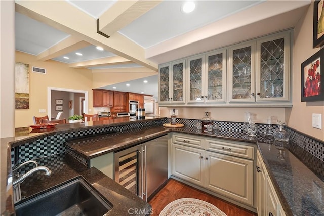 2082 Kaia Ln, Sierra Madre, CA 91024 - indoor wet bar with wine cooler, beamed ceiling, dark wood-type flooring, recessed lighting, and stainless steel oven