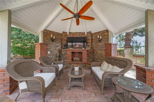 2082 Kaia Ln, Sierra Madre, CA 91024 - view of patio / terrace featuring a ceiling fan and an outdoor living space with a fireplace