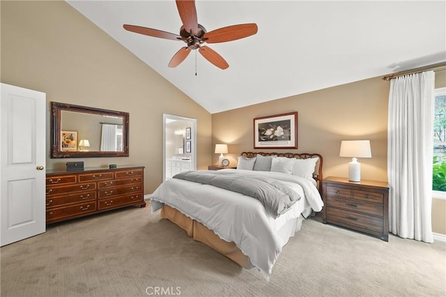 2082 Kaia Ln, Sierra Madre, CA 91024 - bedroom with light colored carpet, high vaulted ceiling, ensuite bath, and ceiling fan