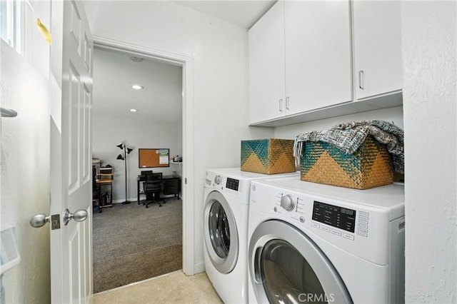 2275 Ximeno Ave, Long Beach, CA 90815 - washroom with washing machine and dryer, cabinet space, light carpet, a desk, and recessed lighting