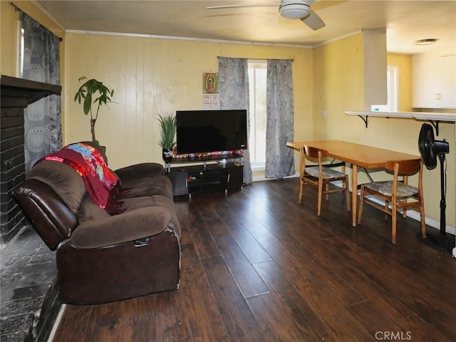 3450 10th St, Clearlake, CA 95422 - living room with wood-type flooring, a ceiling fan, and ornamental molding