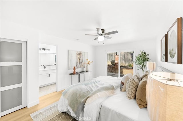 7293 Macy Ct, Riverside, CA 92503 - bedroom featuring light wood-type flooring, a ceiling fan, connected bathroom, and access to outside