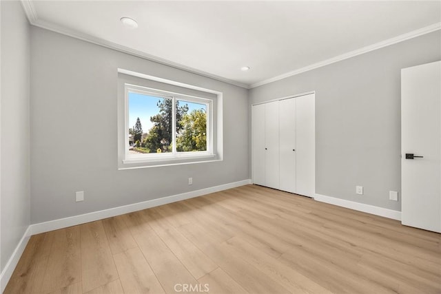 1141 N Palm St, La Habra, CA 90631 - unfurnished bedroom featuring ornamental molding, light wood-style floors, a closet, and recessed lighting